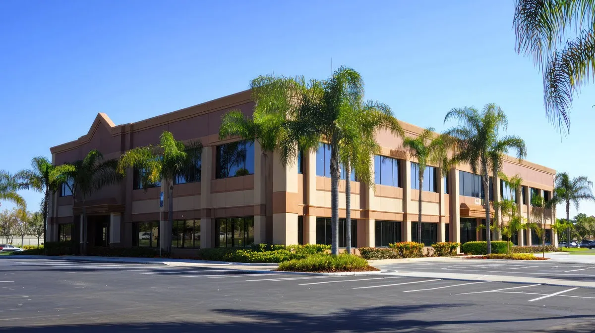 A large, multi-story office building with multiple windows and palm trees in the foreground.
