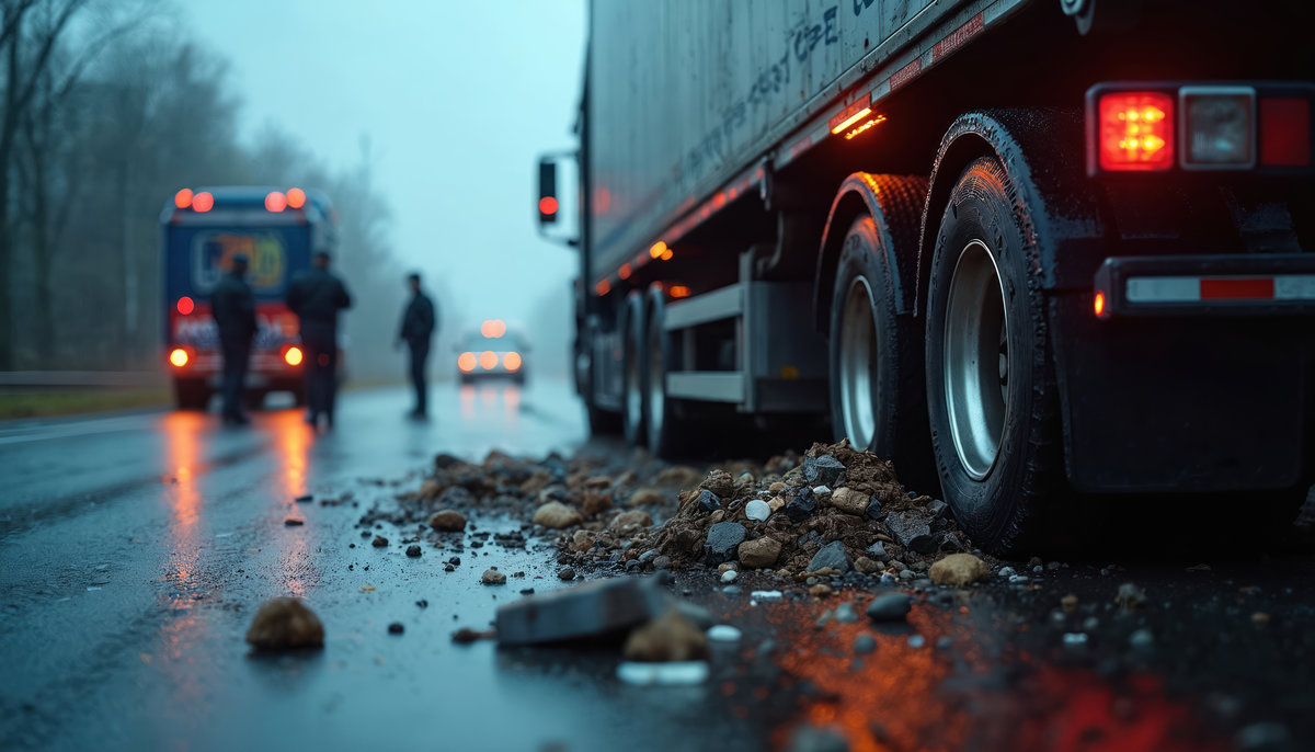 Semi-truck on road with emergency vehicles and personnel. Roadside incident, possible accident scene, hazardous materials spill. Wet asphalt stones. Foggy weather.