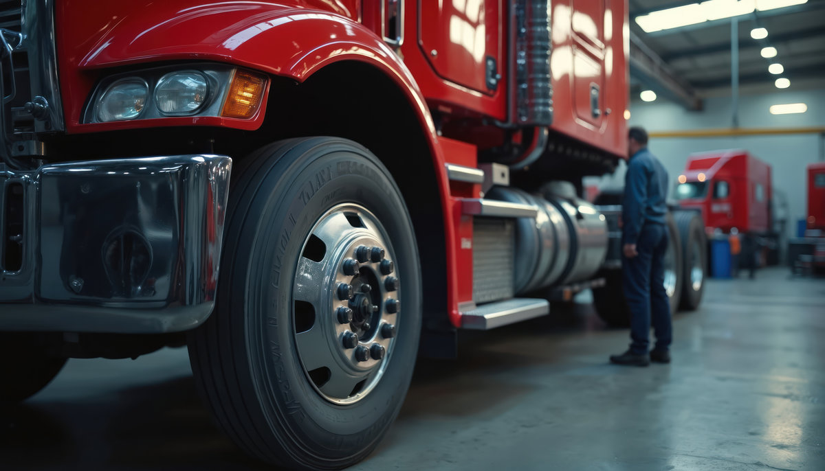 Red truck on careful maintenance in large industrial workshop. Mechanic stands by heavy vehicle, thoroughly checking vital parts, systems. Commercial semi truck gets pro service. Garage ensures big
