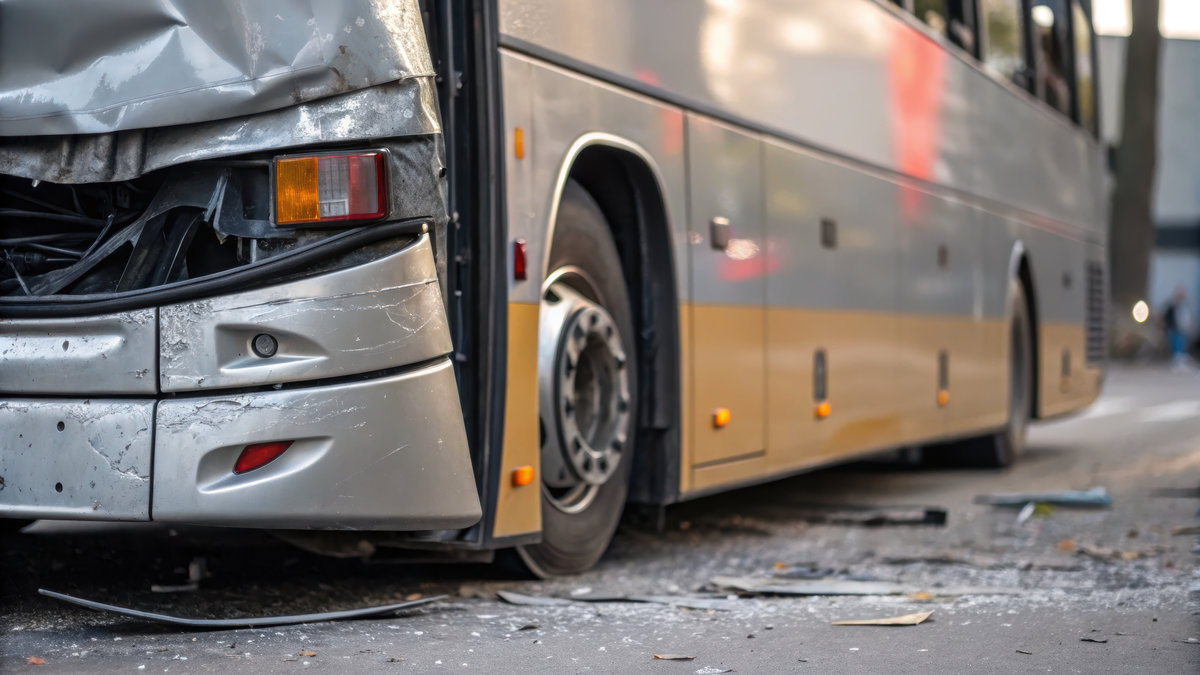 Bus transportation double decker accident urban street scene with damaged vehicle after collision emergency response
