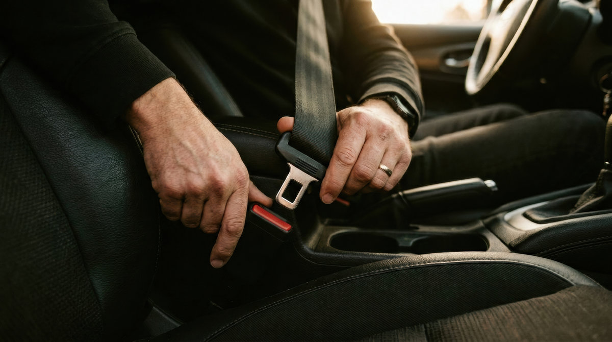 Hands reach to click the seatbelt in a car, emphasizing the importance of road and traffic safety before setting off for travel.