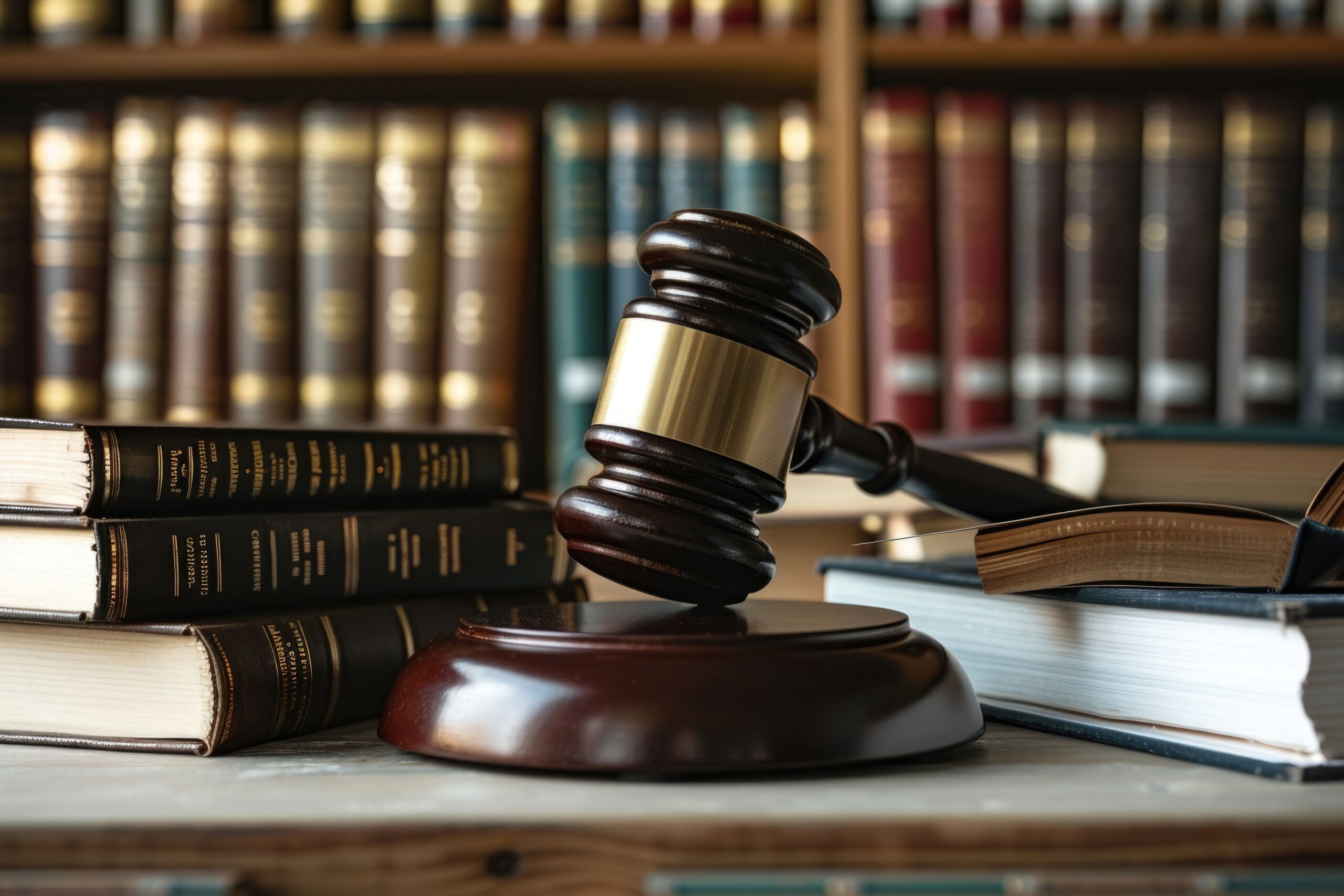 Law books and a judge gavel on a desk in a library