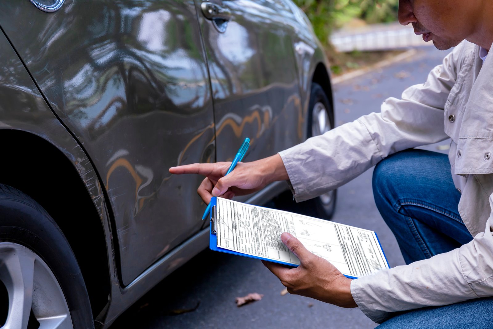 Insurance agent examining a car after an accident for a claim in Tampa, Florida