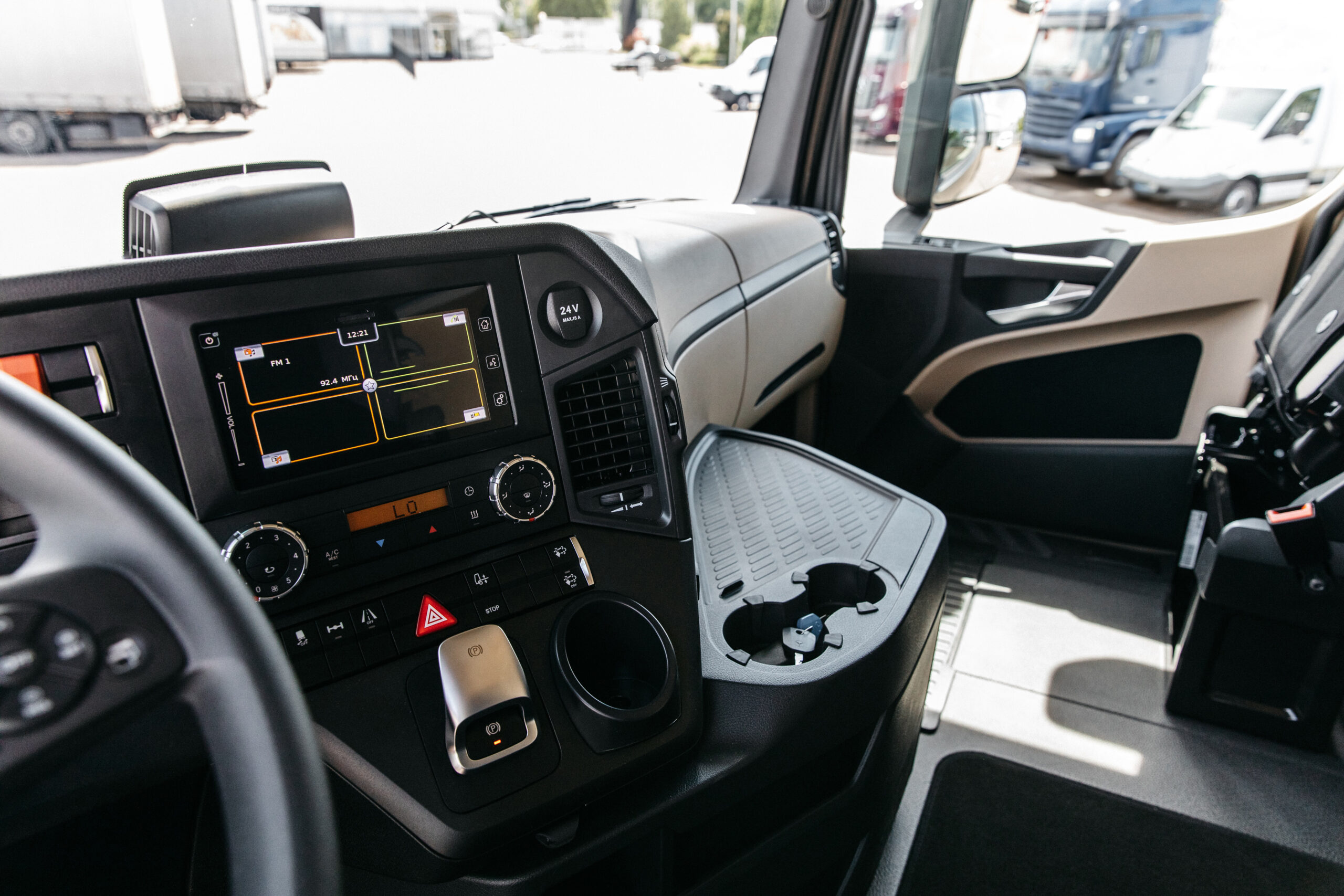 Truck cab dashboard representing an electronic logging device in a commercial truck